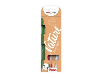 Caneta Pincel Pentel Touch em Blister de 4 Cores Nature Cinza Claro Verde Azeitona Castanho Palido e Bugundy